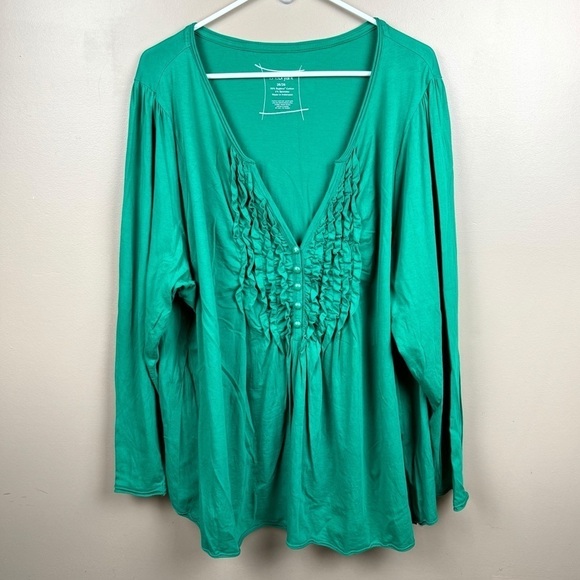 Lane Bryant Green Supima Cotton Pleated Ruffle Pullover V Neck Top - Picture 3 of 8